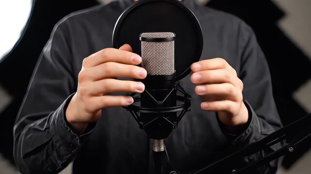 Close-up of a person's hands adjusting a professional condenser microphone with a pop filter in a recording studio, preparing for podcasting or voice-over work.