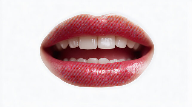 Close-up of a wide open mouth showcasing perfectly aligned white teeth and luscious, glossy lips