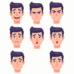 Collection of Cartoon Man's Facial Expressions Showing Various Emotions on White Background, Illustrations