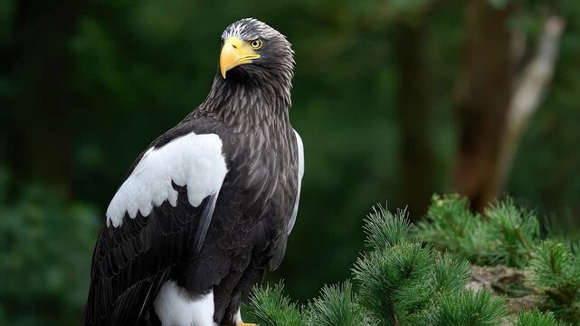 Stellers sea eagle with a yellow beak perched on green pine needles stares directly at the camera