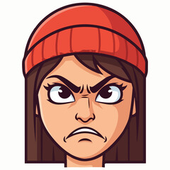 Angry cartoon woman wearing red beanie, frowning with intense gaze, illustration of emotional female character
