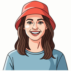 Illustration of a smiling young woman wearing a red hat and blue shirt from a front viewpoint