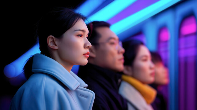 Serious young asian woman in light blue coat standing in neon lit metro carriage with other passengers in background. Night city commute atmosphere and concept of urban lifestyle