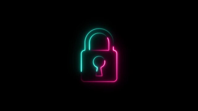 Lock icon neon glowing animation on black background. Digital security glow effect. 4k motion protection encryption privacy technology with black background concept.