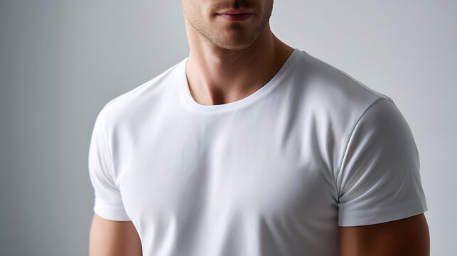 A man models a plain white t-shirt, emphasizing its simplicity and style. The shot focuses on his torso and upper body, highlighting the shirt's fit and texture.