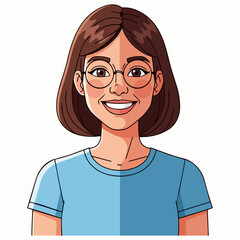 Illustration of a smiling young woman with glasses and short brown hair wearing a blue shirt