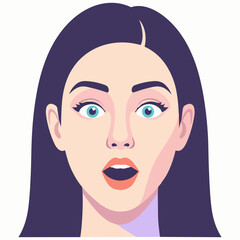 A vector illustration of a woman's face with striking blue eyes and dark hair, viewed from the front, showcasing her facial features