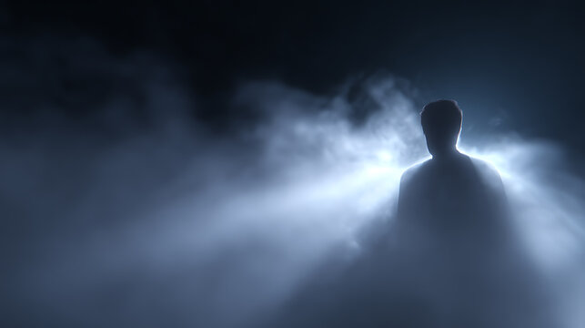 Mysterious silhouette of a lone figure emerging from ethereal fog