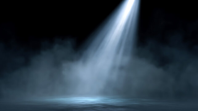 A beam of light shines downward through a haze of smoke and mist, creating a mysterious and captivating atmosphere. 