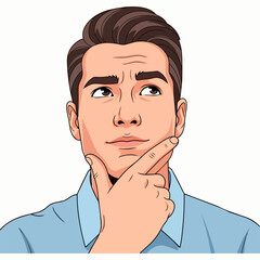 Man contemplating thoughtfully with a puzzled expression and hand on chin illustration