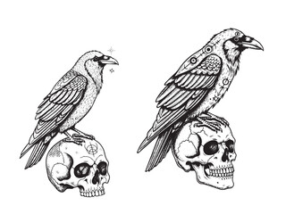 Naklejka premium Raven perched skull engraving tattoo illustration