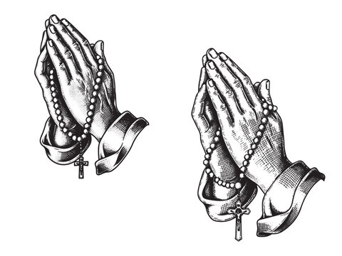 Praying hands rosary engraving tattoo illustration