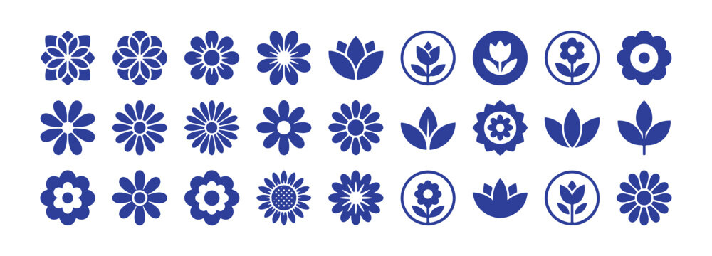 A collection of design elements inspired by flowers. Abstract forms, geometric icons, and vintage floral patterns. Simple symbols, playful decorative shapes. Vector graphics suitable for logos, labels