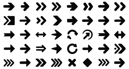 Fototapeta premium Collection of various black right-pointing arrow icons featuring simple solid designs suitable for navigation and interface elements