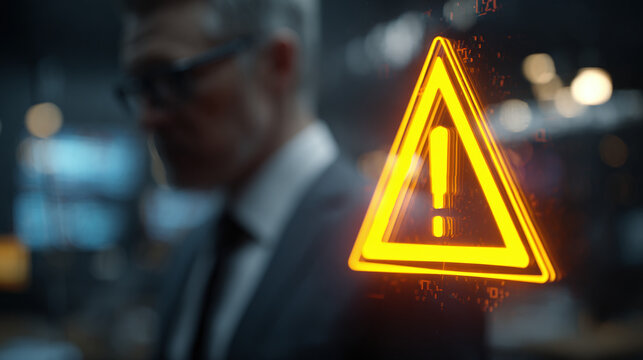 A man in suit with a warning sign
