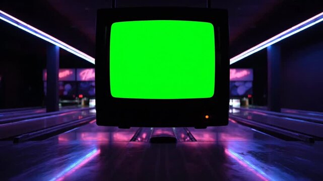 Retro television with green screen hanging over a bowling lane in a neon-lit alley