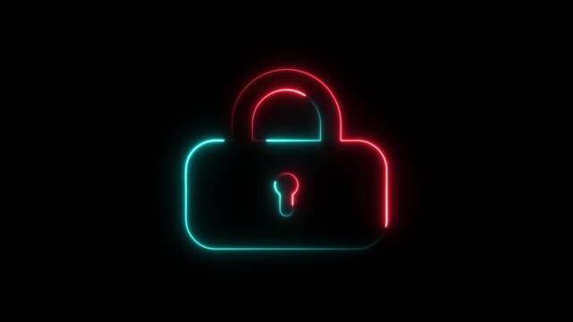Lock icon neon glowing animation on black background. Digital security glow effect. 4k motion protection encryption privacy technology with black background concept.