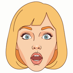 A cartoon woman with a shocked expression staring directly at the viewer with an open mouth and wide eyes