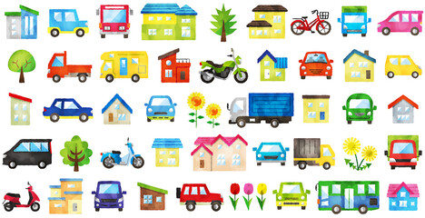 水彩風 家と車とバイクと木と花のかわいいアイコンセット 正面 乗り物と住宅イラスト素材