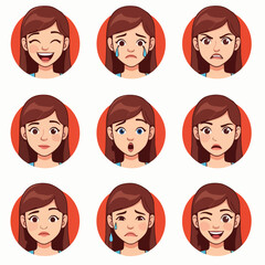 A set of cartoon female faces expressing various emotions from happiness to sadness and shock in circular frames