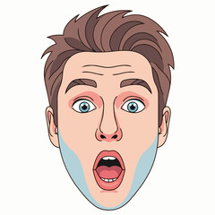 A shocked young man with an open mouth and tears on his face, close-up portrait illustration