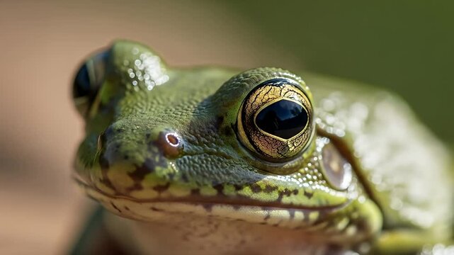 Macro shot of a green frog's face showing its large eyes and textured skin in detail