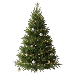 Fototapeta premium Decorated christmas tree with golden star topper white glass baubles and glowing warm lights