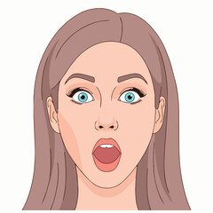 A surprised woman with a shocked expression and wide blue eyes is illustrated in a digital artwork from a frontal viewpoint.