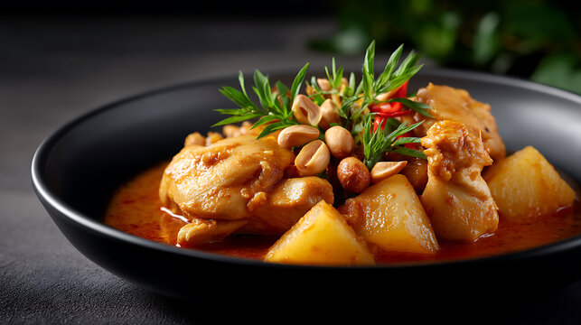 A delicious chicken curry in a black bowl. The curry contains pieces of chicken, potatoes, and peanuts