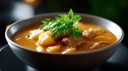 A vibrant bowl of curry garnished with fresh parsley