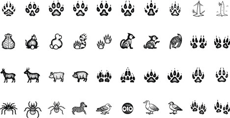 Educational black and white vector illustration of diverse animals with matching paw prints, hoof tracks, insect marks, and wildlife footprints © Hafeza