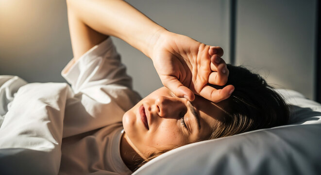 Person lying with arm over eyes symbolizing fatigue and stress