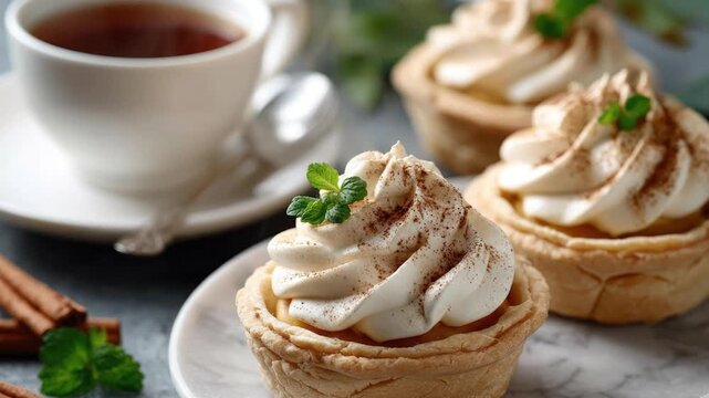 Tea cup  tarts Creamswirled cinnamondusted pastries flank tea cup resting by cinnamon sticks on marbled surface