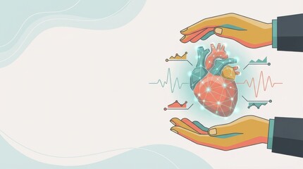Naklejka premium AI driven startup concept. Hands protecting a digital human heart with health and medical data graphs.
