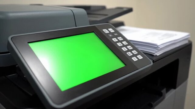 Office printer control panel with green screen chroma key and paper stack in professional workspace