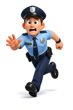 A cartoon police officer running with a surprised expression.