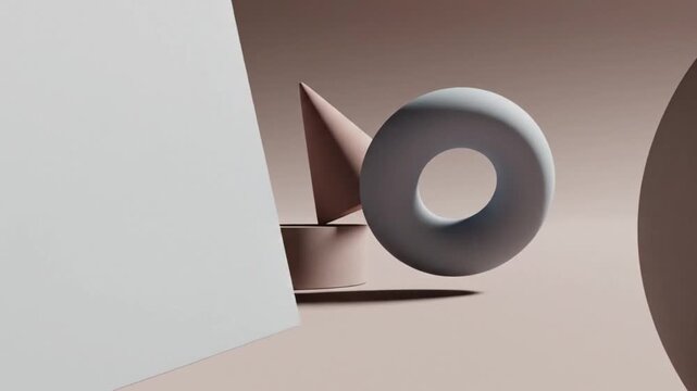 Still life composition of geometric shapes in muted earth tones on a beige background with soft