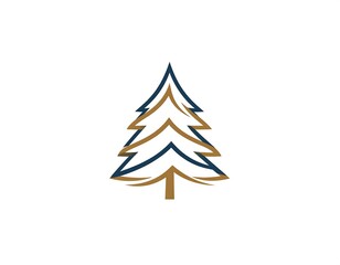 Fototapeta premium Stylized fir tree outline blue outer, golden inner, on a stark white background