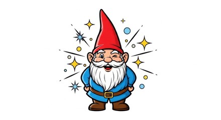 Cheerful Gnome with Red Hat and Blue Outfit Surrounded by Sparkles