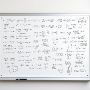 A whiteboard with mathematical formulas and diagrams,  teaching,  concept