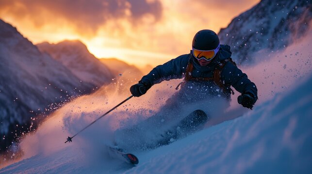 A dynamic skier racing downhill at sunset with glowing snow trails and dramatic mountain scenery, symbolizing adrenaline, extreme sports, adventure, and the power of winter alpine landscapes.
