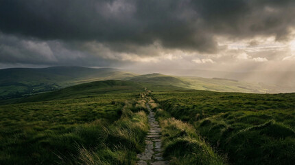 Irish landscape path under dramatic sky for St Patricks Day