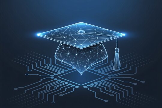 Online education concept with glowing graduation cap on circuit board background