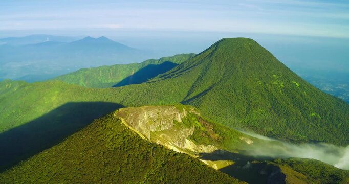 Cinematic Aerial of Gunung Gede Mountain in Clear Weather