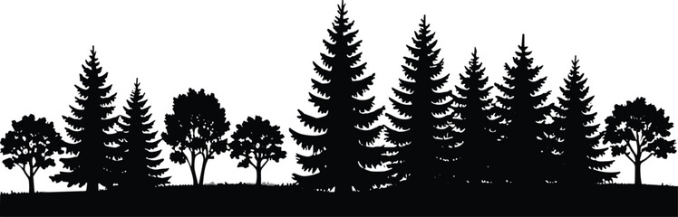 Silhouette vector illustration of forest landscape with diverse deciduous and coniferous trees, natural outdoor artwork, decorative woodland background design © Mozibur