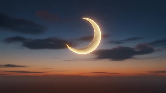Luminous crescent moon graces the twilight sky above a peaceful horizon, casting a serene glow