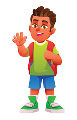 Obraz premium Friendly young boy waving his hand while wearing a backpack and smiling. Vector cartoon character illustration