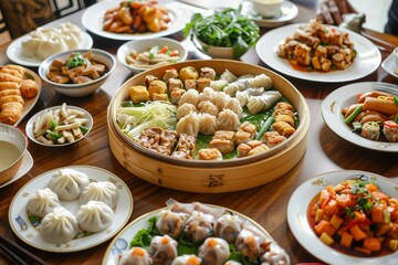 Chinese dinner table with variety of traditional dishes on round dining table