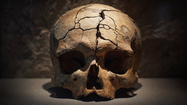A cracked skull, presenting a glimpse into the past, evoking contemplation of mortality
