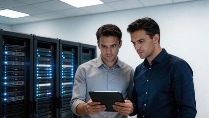 Two men in server room with tablet